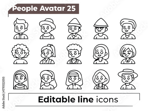 Diverse Set of 15 Hand- Drawn Line Art People Avatars with Different Hairstyles and Hats hand drawn icons