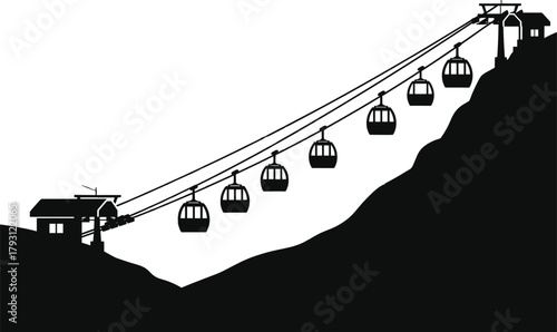Black silhouette of cable cars on mountain slope gondola, cable car, gondola, ski lift, transportation, mountain, slope, hill, black and white, silhouette, travel, transport, aerial tramway, ski resor