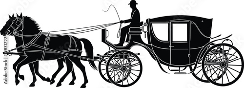 Black silhouette of horse drawn carriage with driver, horse drawn carriage, carriage, horse, horses, driver, silhouette, black and white, vintage, transportation, vehicle, travel, historical, coach, w