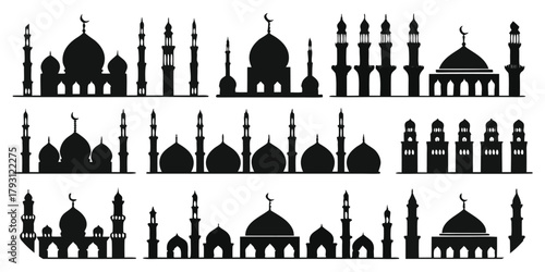 Diverse Silhouettes of Islamic Mosques and Minarets in Rows Islamic architecture Islamic building