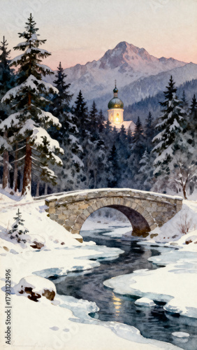 Bridge and Church Dome in the Mountains