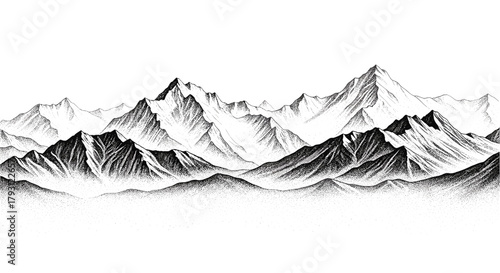 A black and white stippled mountain range illustration showcases the rugged peaks and valleys, creating a serene and majestic landscape