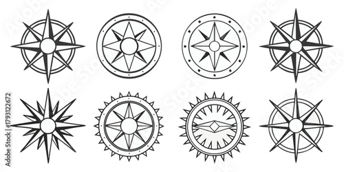 Eight compass rose and wind rose icons with various star and directional designs navigation