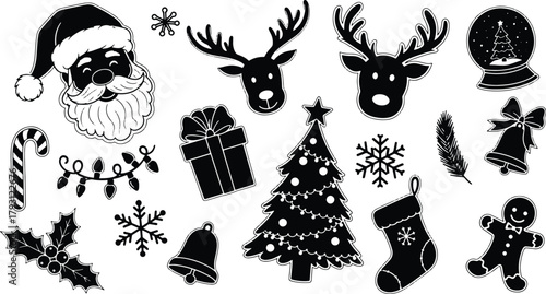 Festive Christmas Holiday Vector Graphics Set in Black and White