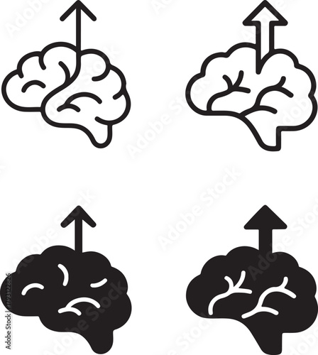 Isolated Growth Mindset black vector icon set, growth mindset icons, motivation brain development success, solid black outline filled minimal thin stroke, self improvement inspiration symbols