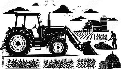 Black silhouette of tractor farm and farmer harvesting hay, tractor, farm, farmer, harvesting, hay, barn, silo, corn, field, agriculture, rural, countryside, silhouette, black and white, illustration,