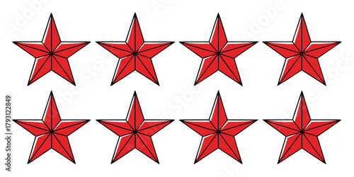 Eight Red Five Pointed Stars Arranged in Two Rows on White Background five-pointed star