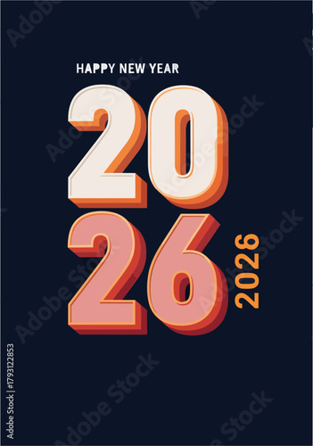 A vibrant and modern happy new year 2026 graphic design featuring bold, threedimensional numbers with a playful color gradient