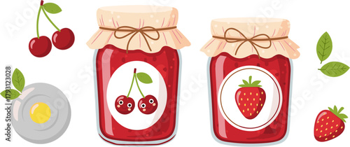 A charming set of homemade jam jars featuring cherry and strawberry flavors, accompanied by fresh cherries, strawberries, and a pat of butter