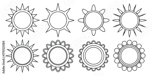 Eight stylized sun icons with different ray patterns and decorative elements symbol weather