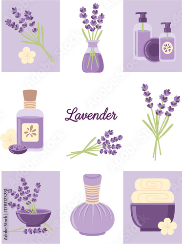 Aromatic lavender spa and beauty product assortment, showcasing essential oil, soap, lotion, and herbal compress for relaxation and wellness