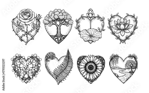 Intricate heart designs featuring nature elements in detailed black and white