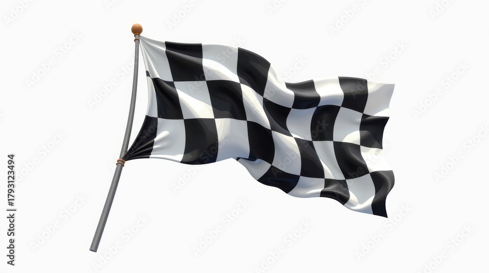 Obraz premium Waving black and white checkered flag on a pole isolated on white