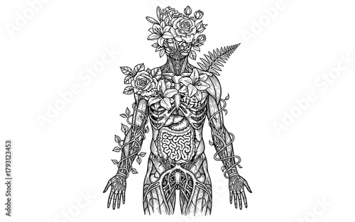 Floral human anatomy: intricate black and white line art with flowers and vines