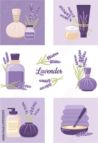 Aromatic lavender spa and beauty product assortment, showcasing essential oil, soap, lotion, and herbal compress for relaxation and wellness