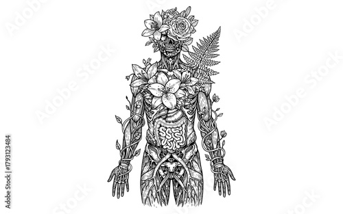 Floral human anatomy: intricate botanical body with flowers and foliage