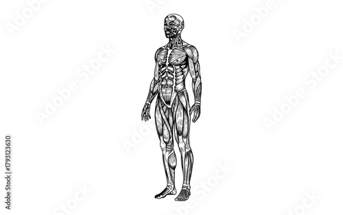 Highly detailed human anatomy diagram featuring muscular system in black and white