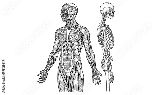Anatomical human diagrams showing muscular and skeletal systems in detailed sketches