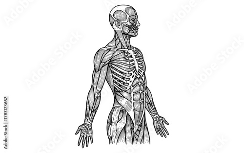 Anatomical drawing of human muscles and skeleton in detailed engraving style