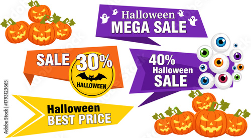A vibrant collection of halloween sale banners featuring pumpkins, bats, and eyeballs, offering mega sale discounts and best prices