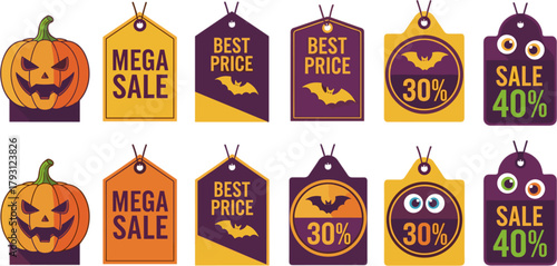 Collection of halloween sale tags, featuring pumpkin, bat, and monster eye designs, perfect for advertising discounts and promotions