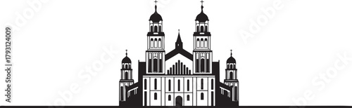 Black Silhouette of a Grand Cathedral with Twin Spires and Arched Windows Keywords: cathedral, church, building
