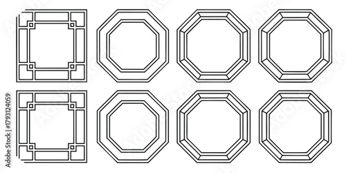 Geometric Frames and Borders in Black Outline on White Background square octagon