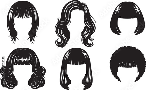 Collection of Black Silhouette Hairstyles for Women on White Background female