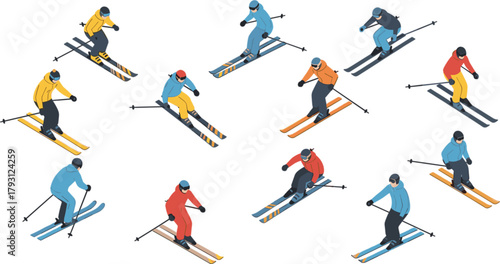 A dynamic isometric vector art illustration showcasing a diverse group of skiers gliding down a snowy slope, perfect for winter sports and outdoor adventure themes