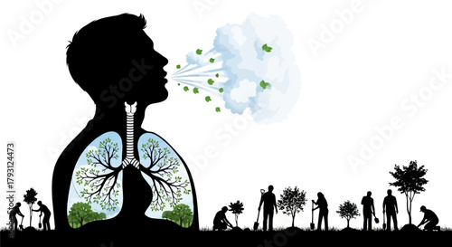 Silhouette Illustration Of A Person Exhaling Fresh Air Revealing Healthy Lungs With Trees Representing Connection Between Breathing And Planting New Life