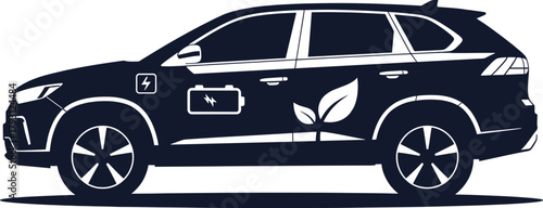 Dark blue electric car with leaf and battery icons, electric car, vehicle, automotive, transportation, energy, power, battery, charging, eco friendly, green, sustainability, clean energy, technology, 