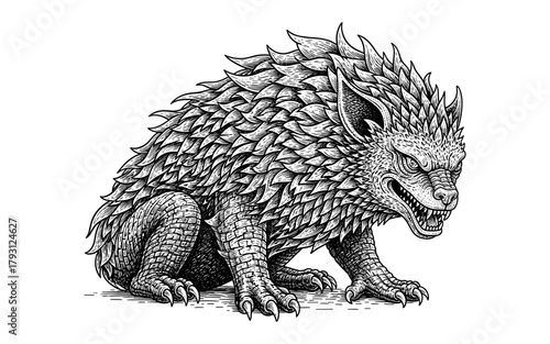 Intricate black and white mythical creature with spiked fur and fierce expression