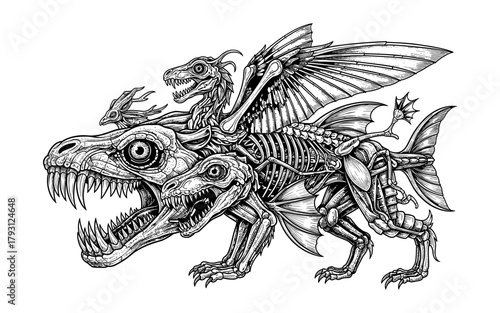 Intricate black and white hybrid creature with dragon wings and mechanical elements