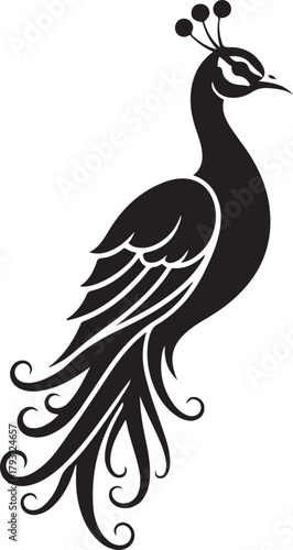 Stylized black peacock silhouette with ornate tail feathers on white background bird