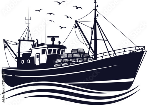 Dark blue fishing trawler with lobster pots and seagulls, fishing boat, trawler, boat, ship, maritime, ocean, sea, water, waves, nautical, fishing, industry, vessel, marine, transport, cargo, nets, lo