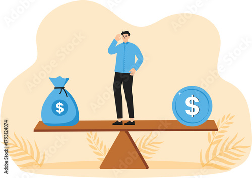 Work life balance and Emotional management between work stress and a happy lifestyle maintaining harmony between career and life concepts. Businessman standing on seesaw balancing work and life.
