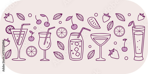 Hand Drawn Summer Drinks and Fruits Pattern with Strawberries and Cherries cocktails juice