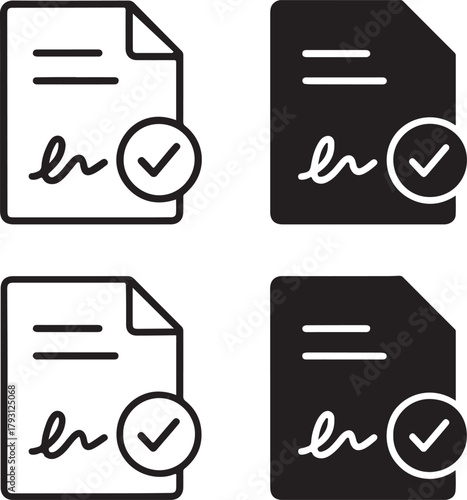 Isolated Digital Signature black vector icon set, digital signature icons, document approval authentication design, solid black outline filled minimal thin stroke, secure sign verification symbols