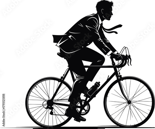 Silhouette of man in suit riding bicycle cycling, man, silhouette, bicycle, riding, cycling, businessman, suit, tie, white background, sport, fitness, transportation, travel, speed, movement, active, 