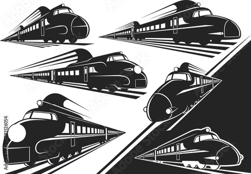 Six black and white graphic trains in motion railway, train, railway, transportation, travel, speed, motion, graphic, silhouette, black and white, vintage, retro, locomotive, engine, carriage, track, 