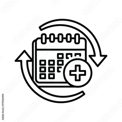 Calendar with plus sign and circular arrows indicating recurring event