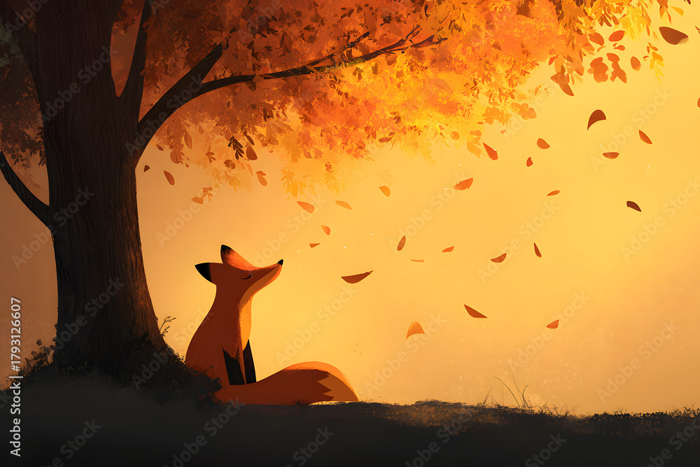 Naklejka premium Fox enjoying the autumn breeze under a vibrant orange tree at sunset