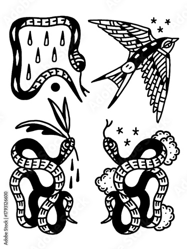 Traditional tattoo set, aggressive snakes and swallow bird