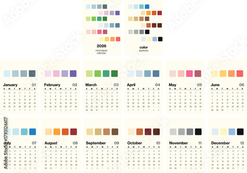 calendar for 2026 in a minimalist style with thematic color palettes for each month. Color thematic palettes palettes, posters with color palettes