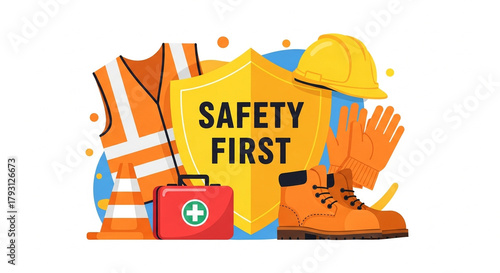 Illustration of safety equipment including vest helmet gloves boots and first aid kit with shield