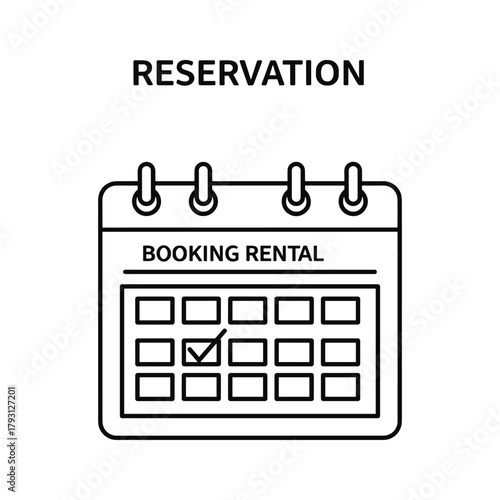 Calendar with checkmark and text booking rental, reservation icon