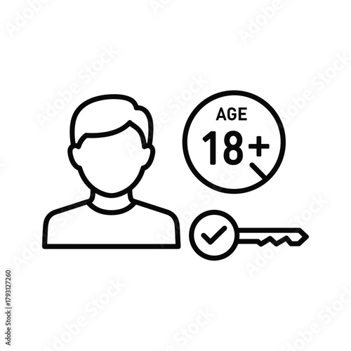 Person icon with age 18 plus symbol and key, adult access concept