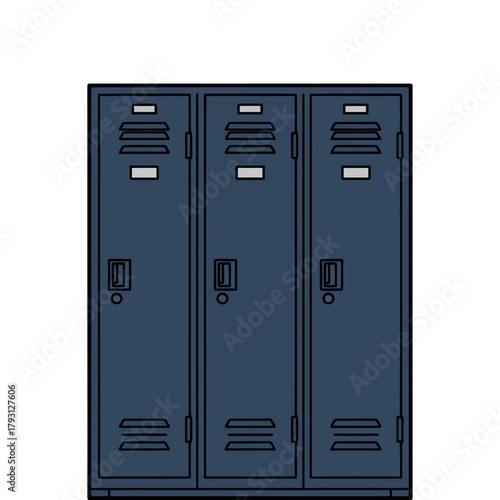 Three dark blue metal school lockers in a row