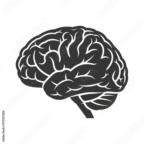 Stylized illustration of a human brain in dark gray silhouette against a, representing thought, intelligence, and cognition