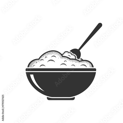 Black and white illustration of a bowl filled with porridge or oatmeal, with a spoon